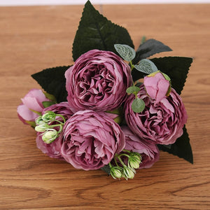 30cm Rose Pink Silk Bouquet Peony Artificial Flowers 5 Big Heads 4 Small Bud Bride Wedding Home Decoration Fake Flowers Faux